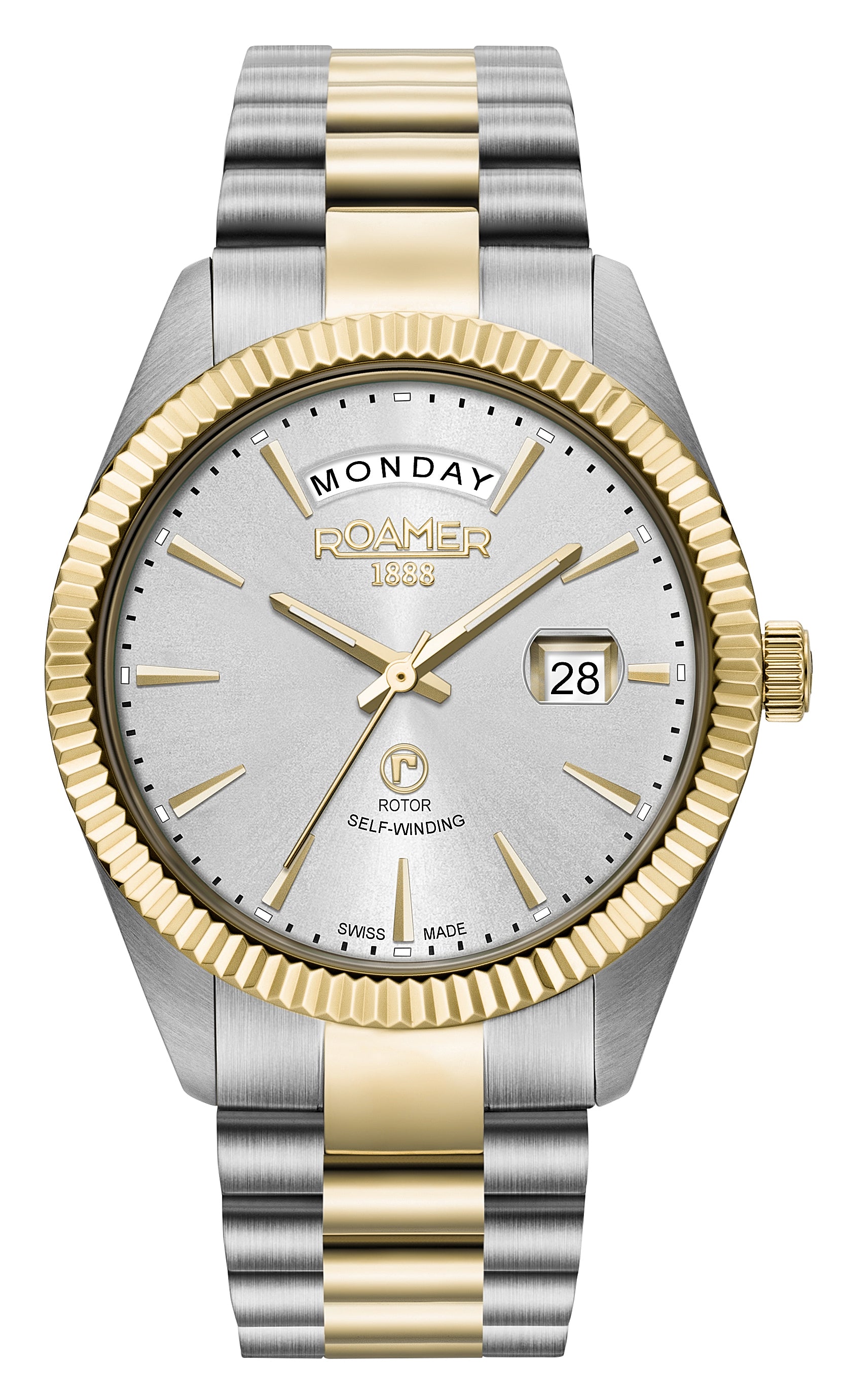 Roamer Primeline Day Date Silver Dial Yellow Gold Bi colour Bracelet