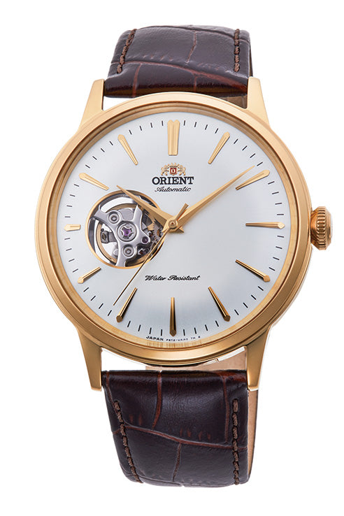Orient Bambino Open Heart Brown Leather Strap White Dial Gold Accents