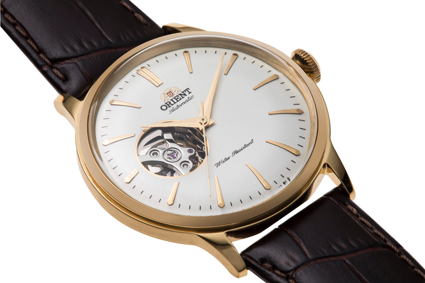 Orient Bambino Open Heart Brown Leather Strap White Dial Gold Accents