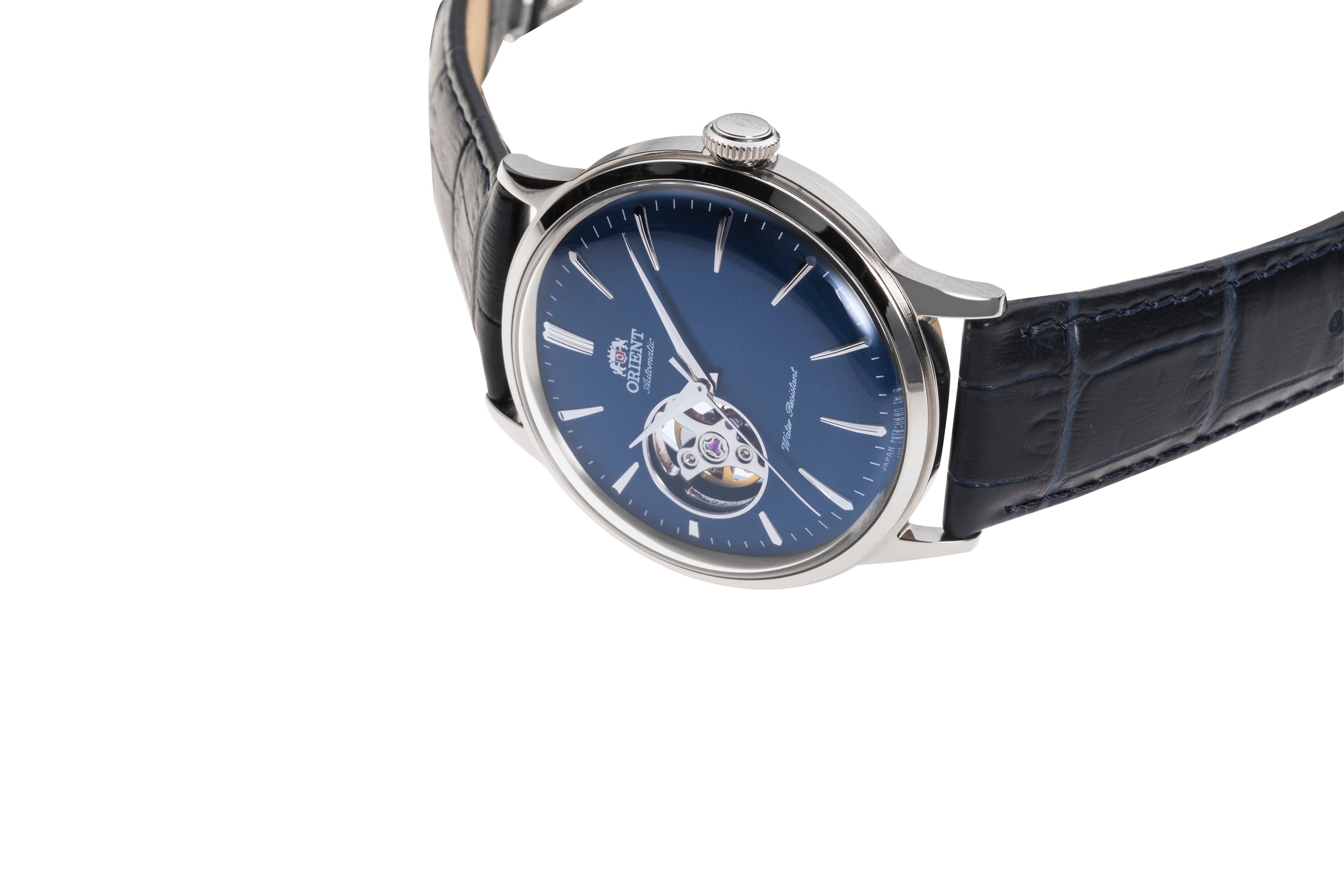 Orient Bambino Open Heart Blue Leather Strap Blue Dial Time and More UK