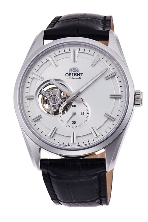 Orient Semi Skeleton Open Heart Black Leather Strap White Dial