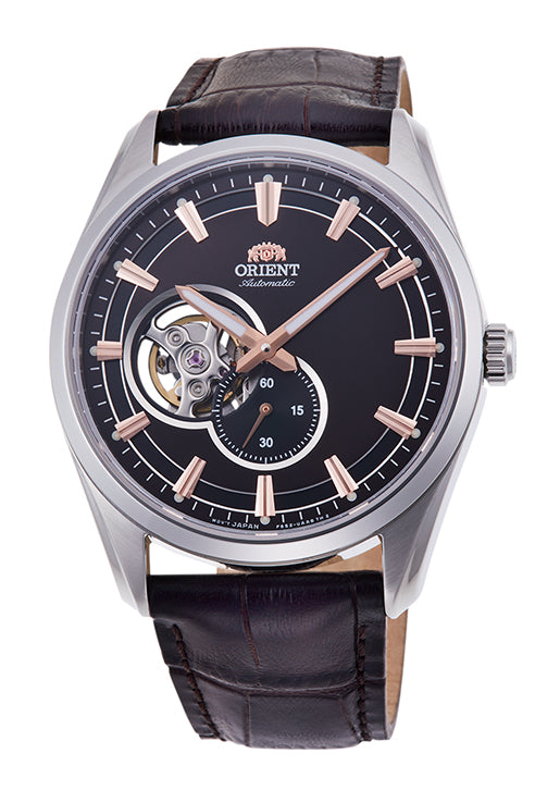 Orient Semi Skeleton Open Heart Black Leather Strap Black Dial