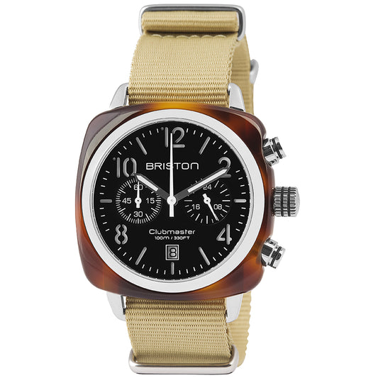 Briston Clubmaster Classic Chronograph, Black Dial Beige Nato Strap with Steel Accents