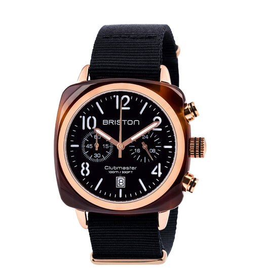 Briston Clubmaster Classic Chronograph, Black Dial and Nato Strap with Rosegold IP Accents