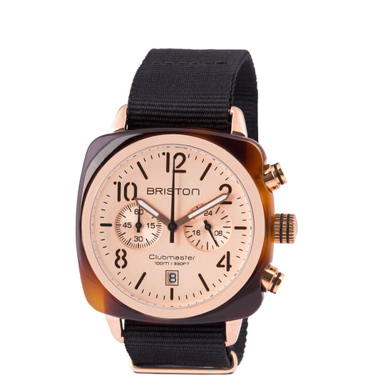 Briston Clubmaster Classic Chronograph, Rose Dial Black Nato Strap with Rosegold IP Accents