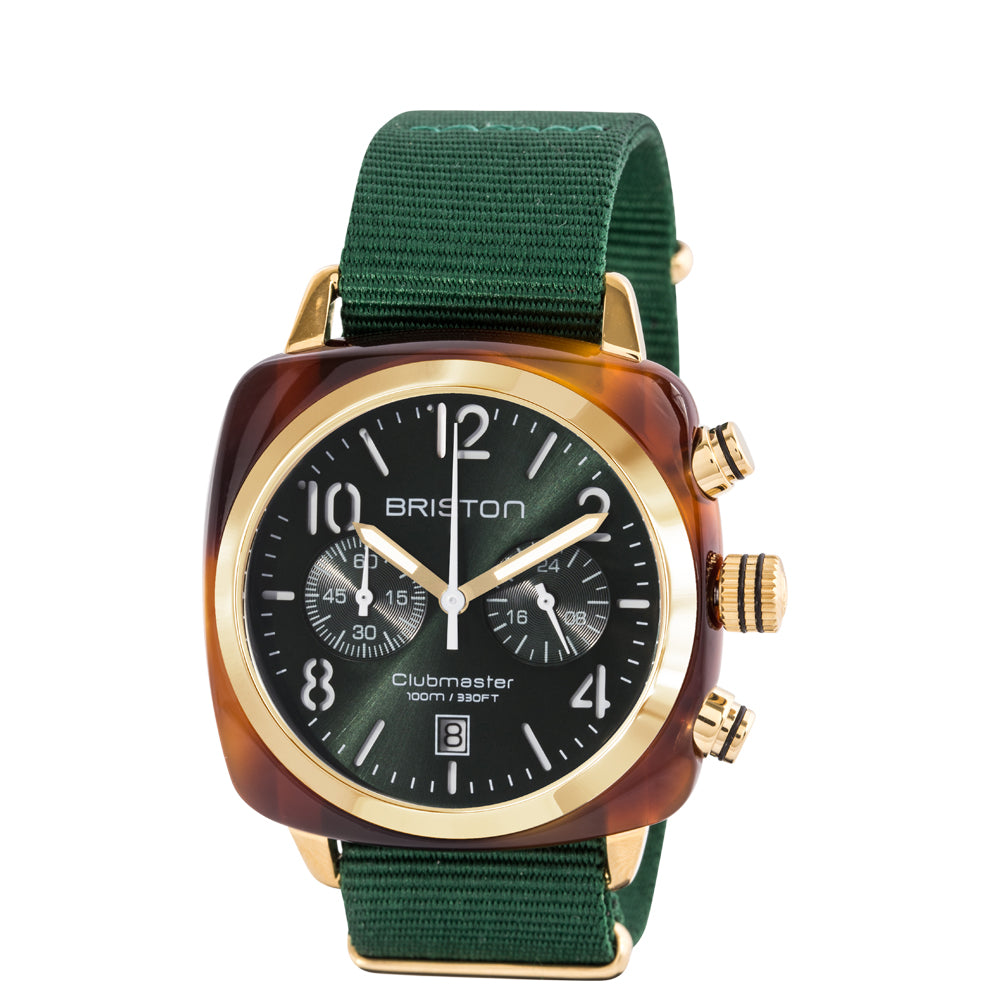 Briston Clubmaster Classic Chronograph, Green Dial and Nato Strap with Gold IP Accents