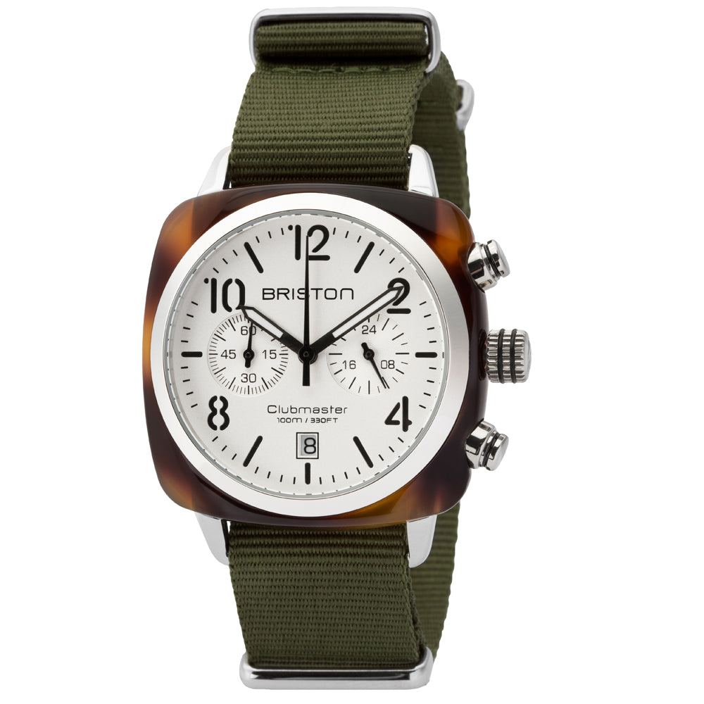 Briston Clubmaster Classic Chronograph, White Dial Green Nato Strap with Steel Accents