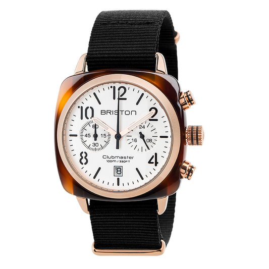 Briston Clubmaster Classic Chronograph, White Dial Black Nato Strap with Rosegold IP Accents