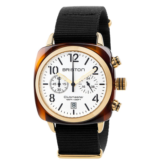 Briston Clubmaster Classic Chronograph, White Dial Black Nato Strap with Gold IP Accents