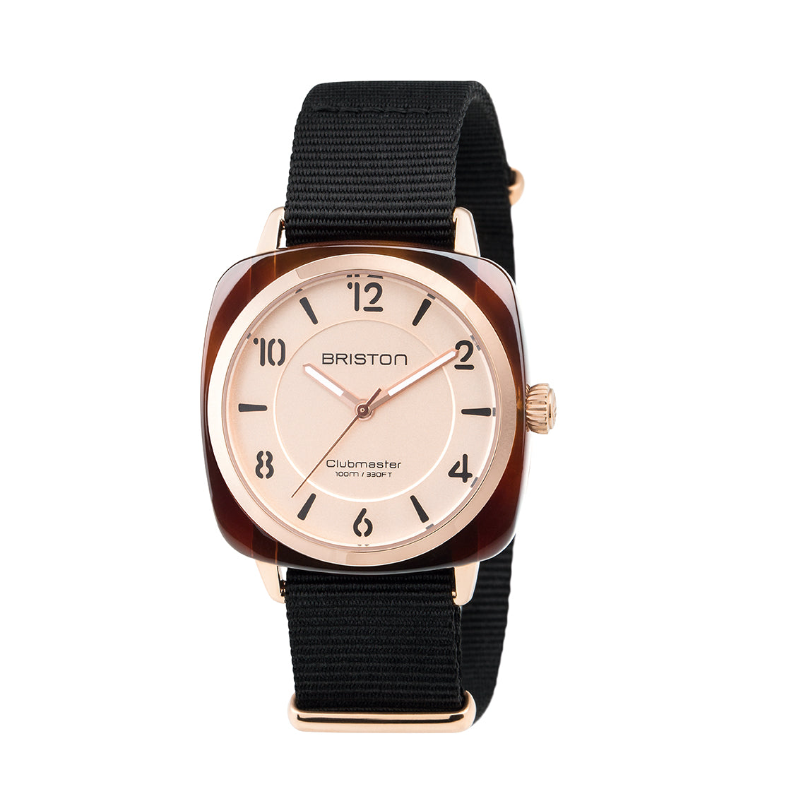 Briston Clubmaster Chic Ladies 3 Hand Rose Dial Black Nato Strap with Rosegold Accents