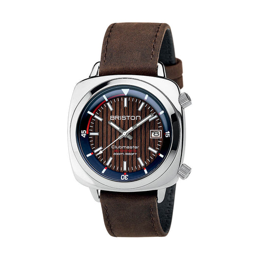 Briston Clubmaster Diver Striped Wood Dial Dark Tan Leather Strap Blue Bezel