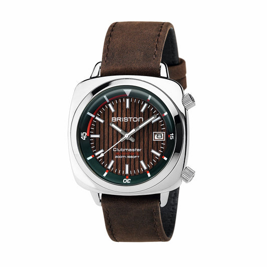 Briston Clubmaster Diver Striped Wood Dial Dark Tan Leather Strap Grey Bezel