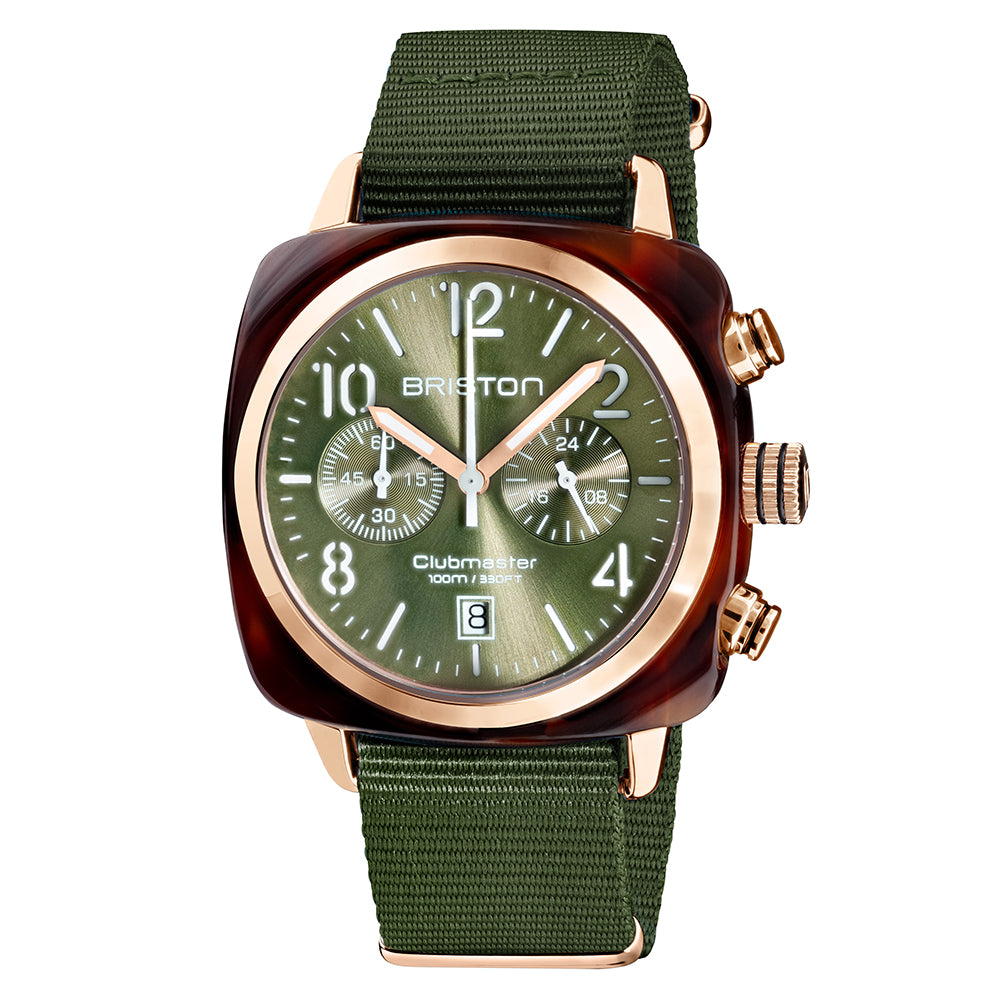 Briston Clubmaster Classic Chronograph, Olive Dial and Nato Strap with Rosegold IP Accents