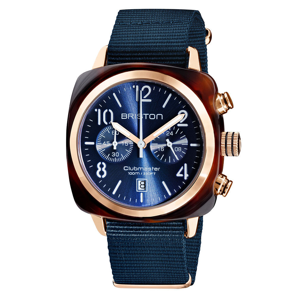 Briston Clubmaster Classic Chronograph, Midnight Blue Dial and Nato Strap with Rosegold IP Accents