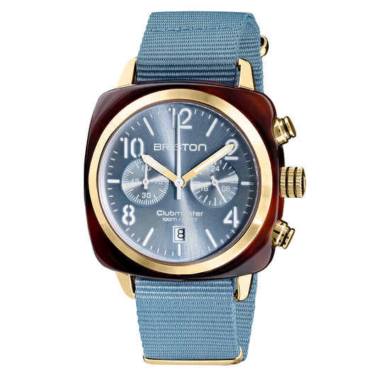 Briston Clubmaster Classic Chronograph, Ice Blue Dial and Nato Strap with Gold IP Accents