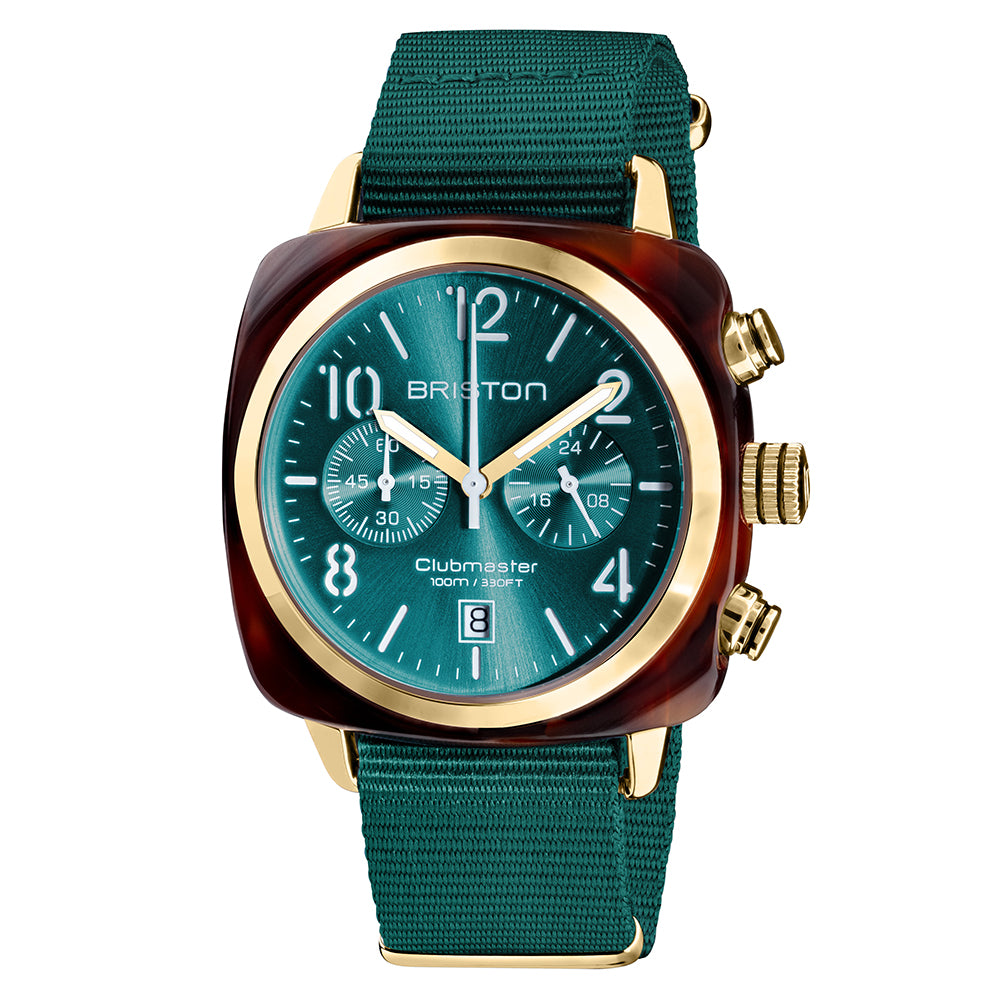 Briston Clubmaster Classic Chronograph, Emerald Dial and Nato Strap with Gold IP Accents