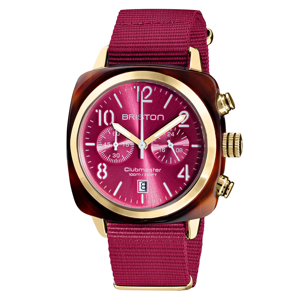 Briston Clubmaster Classic Chronograph, Berry Dial and Nato Strap with Gold IP Accents