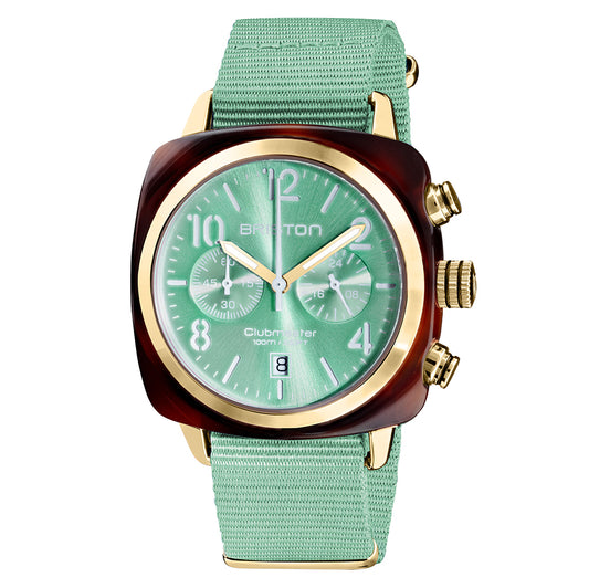 Briston Clubmaster Classic Chronograph, Mint Green Dial and Nato Strap with Gold IP Accents