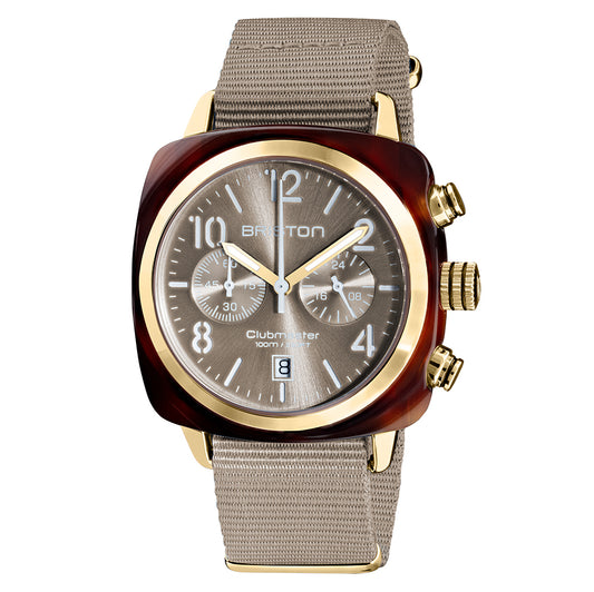 Briston Clubmaster Classic Chronograph, Taupe Dial and Nato Strap with Gold IP Accents