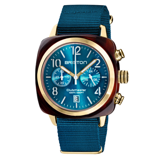 Briston Clubmaster Classic Chronograph, Peacock Blue Dial and Nato Strap with Gold IP Accents