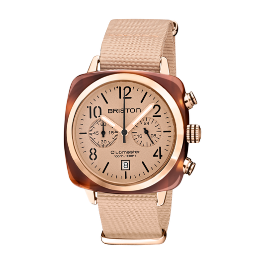 Briston Clubmaster Classic Chronograph, Terracotta Nude Dial and Nato Strap with Rosegold IP Accents