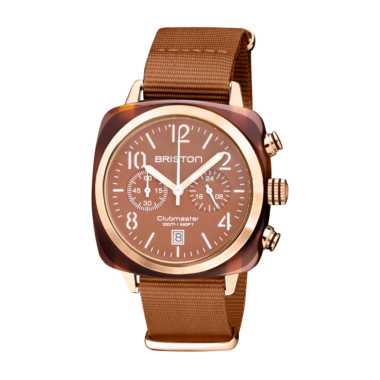 Briston Clubmaster Classic Chronograph, Terracotta Caramel Dial and Nato Strap with Rosegold IP Accents