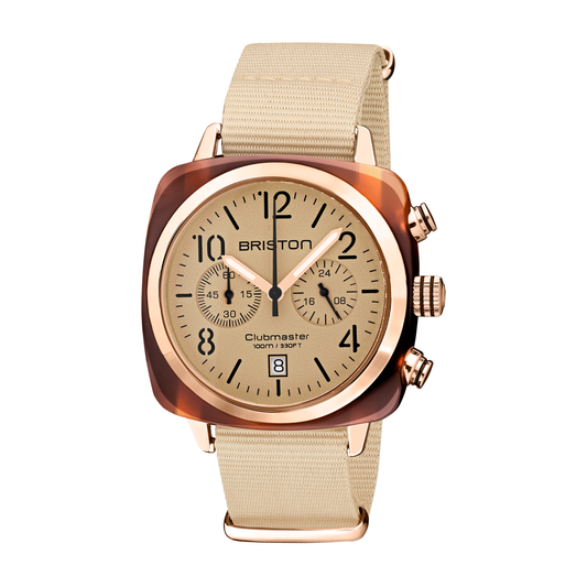 Briston Clubmaster Classic Chronograph, Terracotta Vanilla Dial and Nato Strap with Rosegold IP Accents