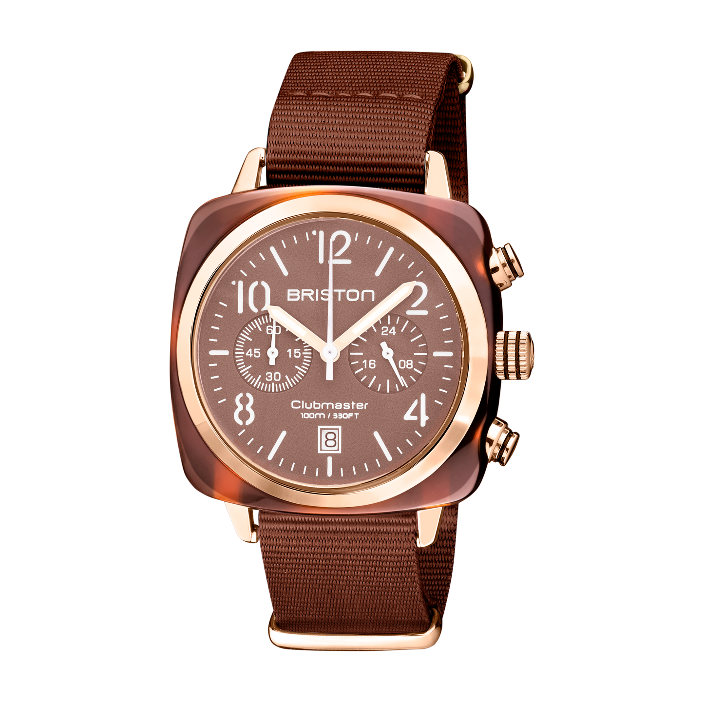 Briston Clubmaster Classic Chronograph, Terracotta Chocolate Dial and Nato Strap with Rosegold IP Accents