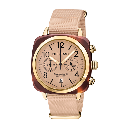 Briston Clubmaster Classic Chronograph, Terracotta Nude Dial and Nato Strap with Gold IP Accents