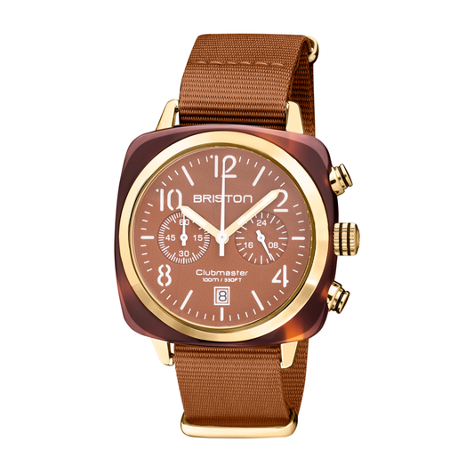 Briston Clubmaster Classic Chronograph, Terracotta Caramel Dial and Nato Strap with Gold IP Accents