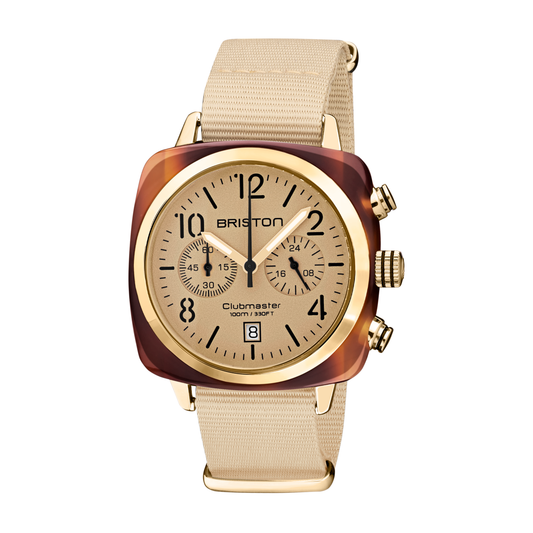 Briston Clubmaster Classic Chronograph, Terracotta Vanilla Dial and Nato Strap with Gold IP Accents