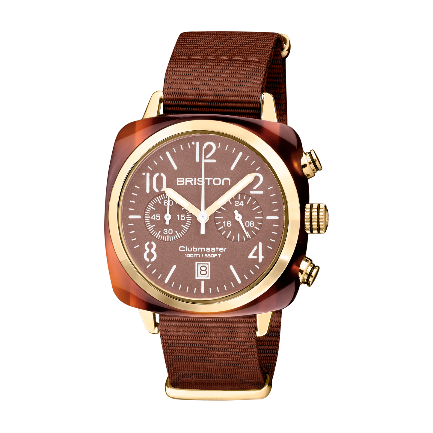 Briston Clubmaster Classic Chronograph, Terracotta Chocolate Dial and Nato Strap with Gold IP Accents