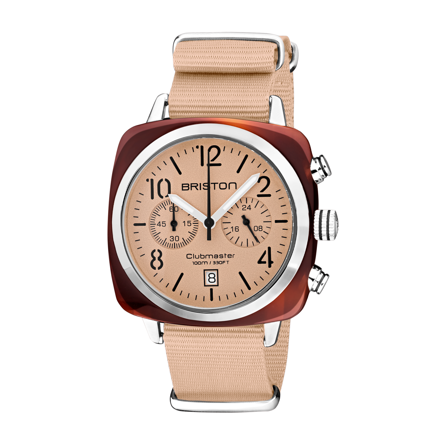 Briston Clubmaster Classic Chronograph, Terracotta Nude Dial and Nato Strap with Steel Accents
