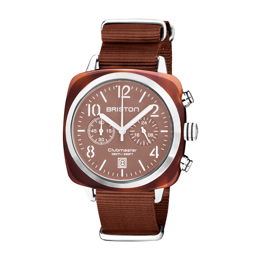 Briston Clubmaster Classic Chronograph, Terracotta Chocolate Dial and Nato Strap with Steel Accents