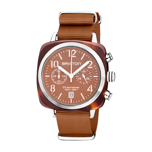 Briston Clubmaster Classic Chronograph, Terracotta Caramel Dial and Nato Strap with Steel Accents