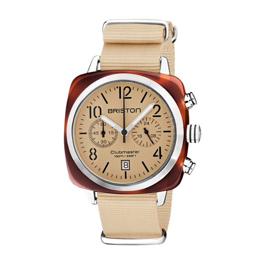 Briston Clubmaster Classic Chronograph, Terracotta Vanilla Dial and Nato Strap with Steel Accents