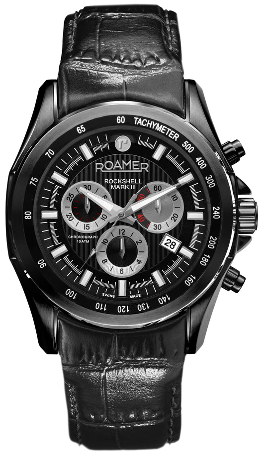 Roamer Rockshell Mark III Chrono Black Dial Black Leather Strap