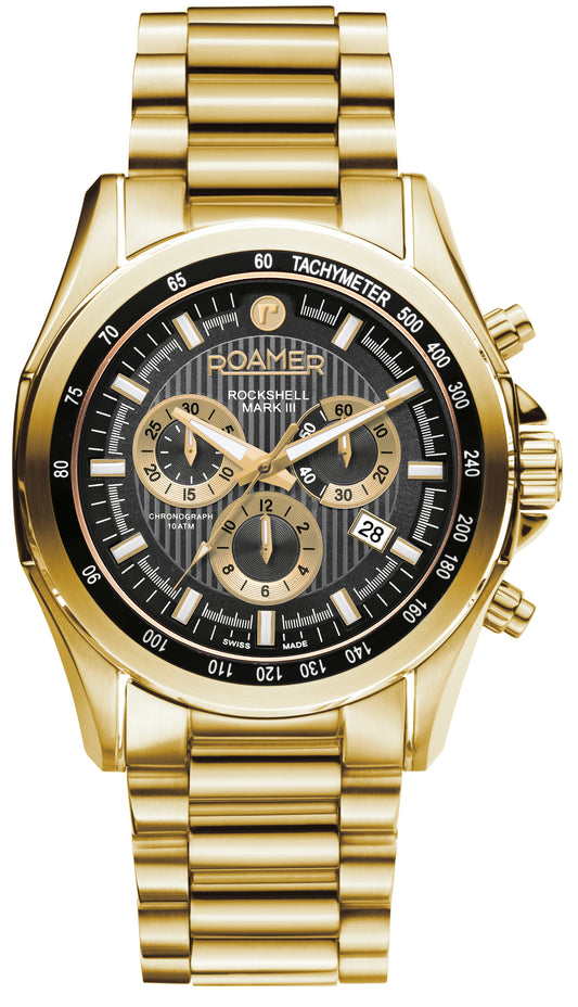 Roamer Rockshell Mark III Chrono Black Dial Gold IP Bracelet