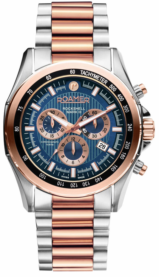 Roamer Rockshell Mark III Chrono Blue Dial Rosegold Bi-colour Bracelet with Rosegold Accents