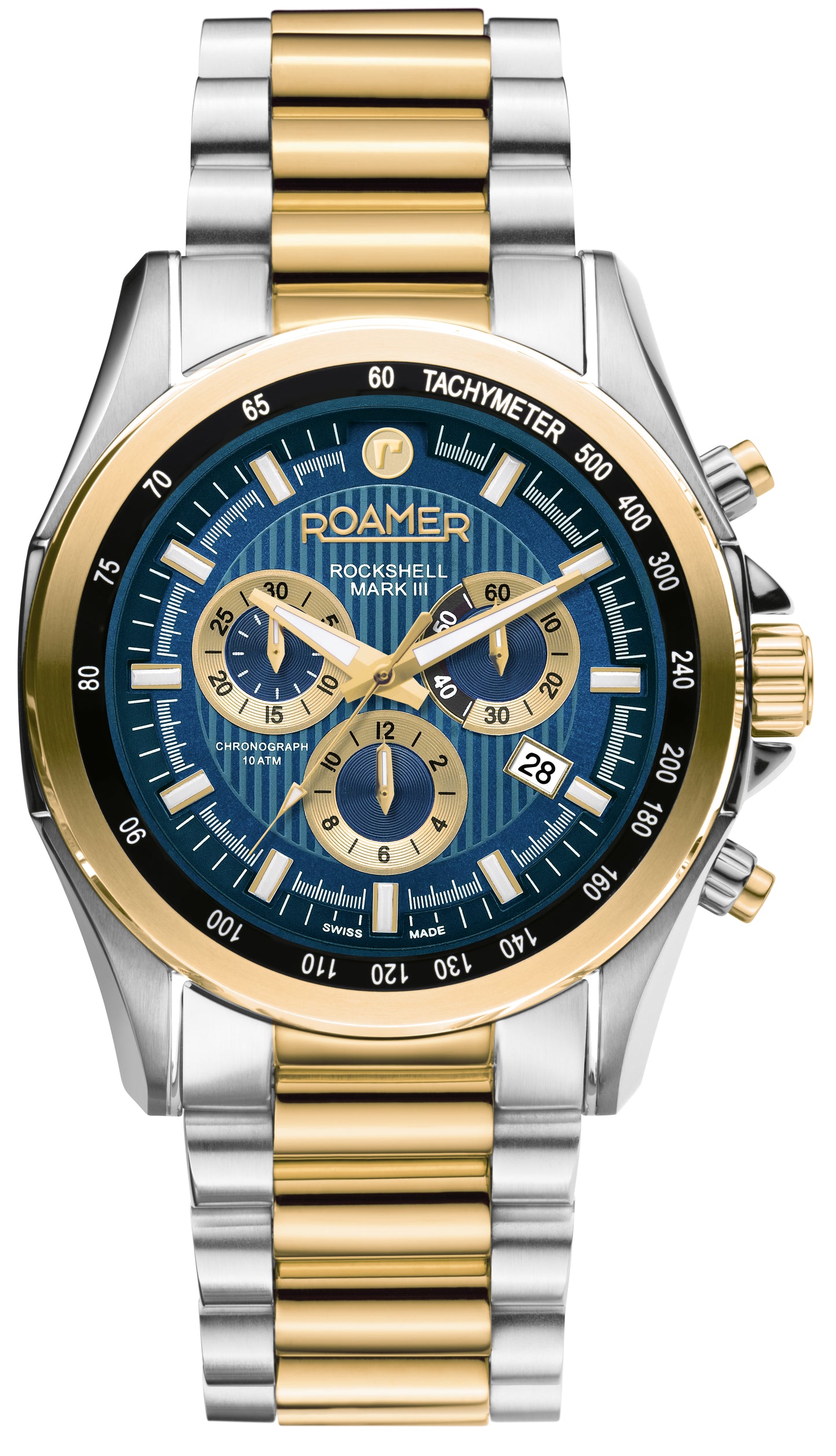 Roamer Rockshell Mark III Chrono Blue Dial Yellow Gold Bi-colour Bracelet with Gold Accents