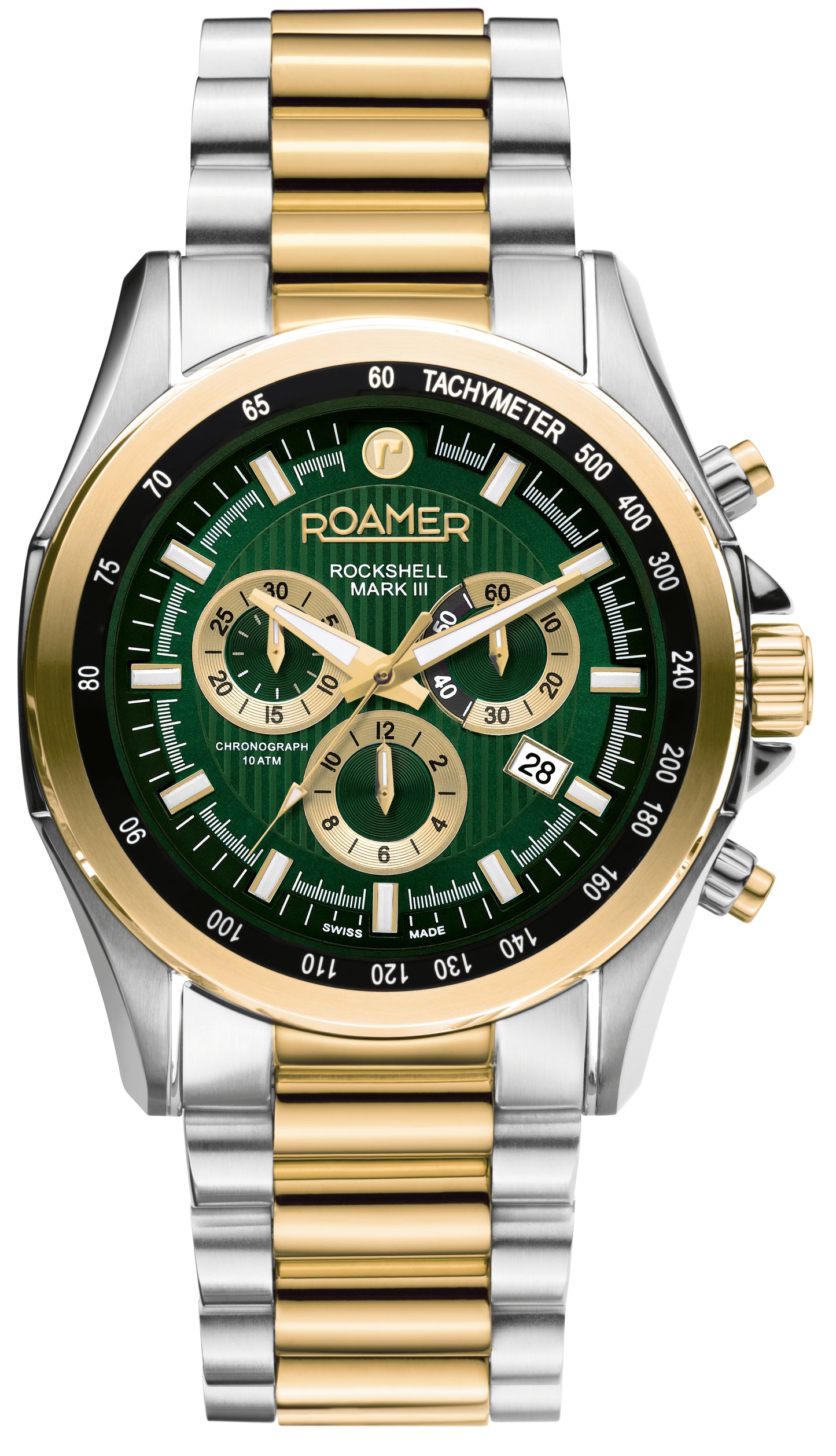 Roamer Rockshell Mark III Chrono Green Dial Yellow Gold Bi-colour Bracelet with Gold Accents