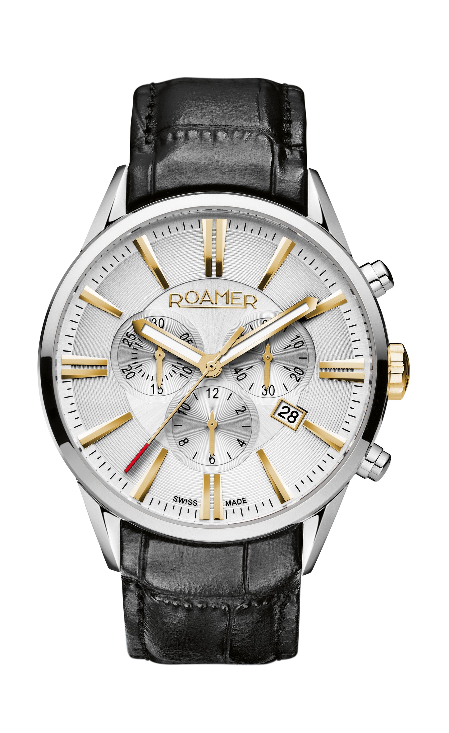 Roamer Superior Chrono White Dial Black Leather Strap with Gold Accents