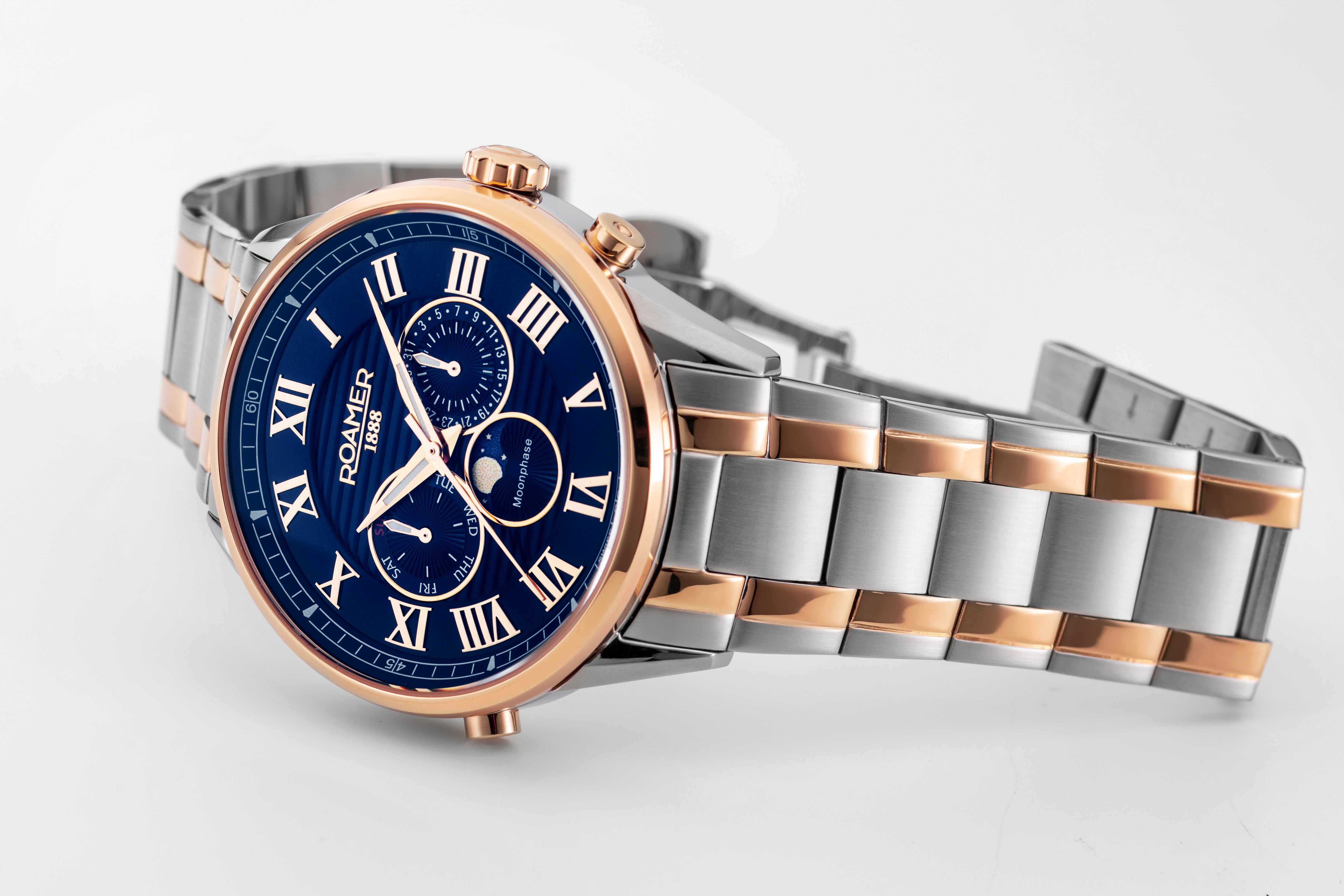 Roamer Superior Moonphase Blue Dial Rosegold Bi colour Bracelet