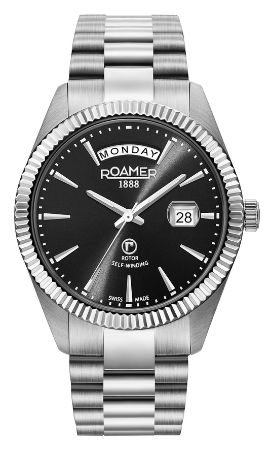 Roamer Primeline Day Date Black Dial Steel Bracelet