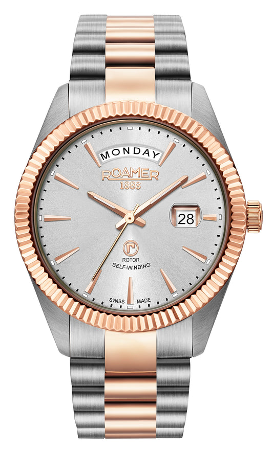 Roamer Primeline Day Date Silver Dial Rosegold Bi-colour Bracelet