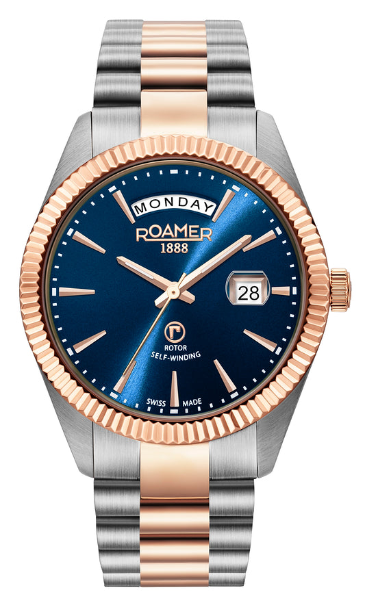 Roamer Primeline Day Date Blue Dial Rosegold Bi-colour Bracelet