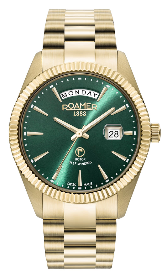 Roamer Primeline Day Date Green Dial Yellow Gold Bracelet