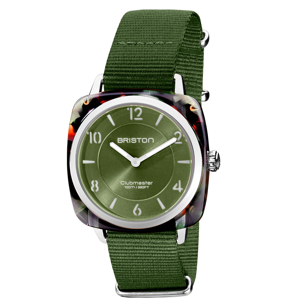 Briston Clubmaster Chic Ladies 2 Hand Olive Green Dial and Nato Strap with Steel Accents