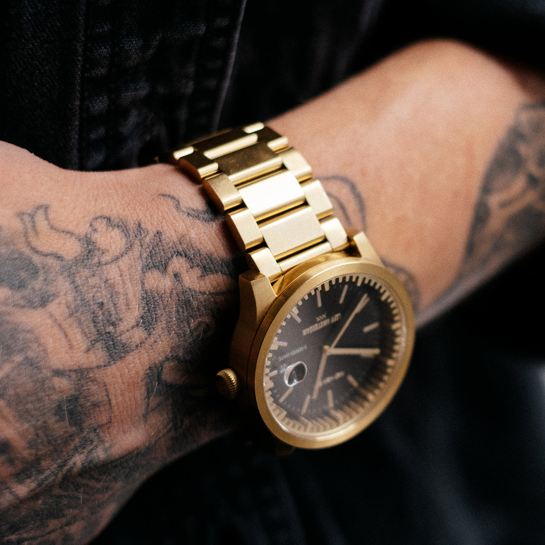 Leff Amsterdam Tube Watch S42 Date Brass with Black Dial